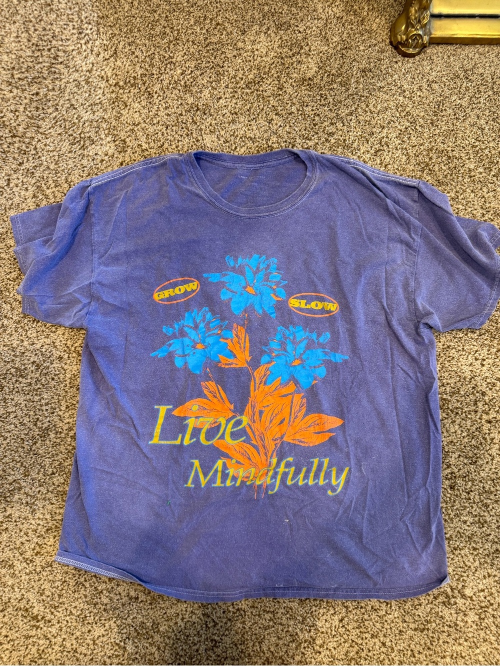 Urban Outfitters Purple Tee with Blue & Orange Floral Graphic “Live Mindfully”